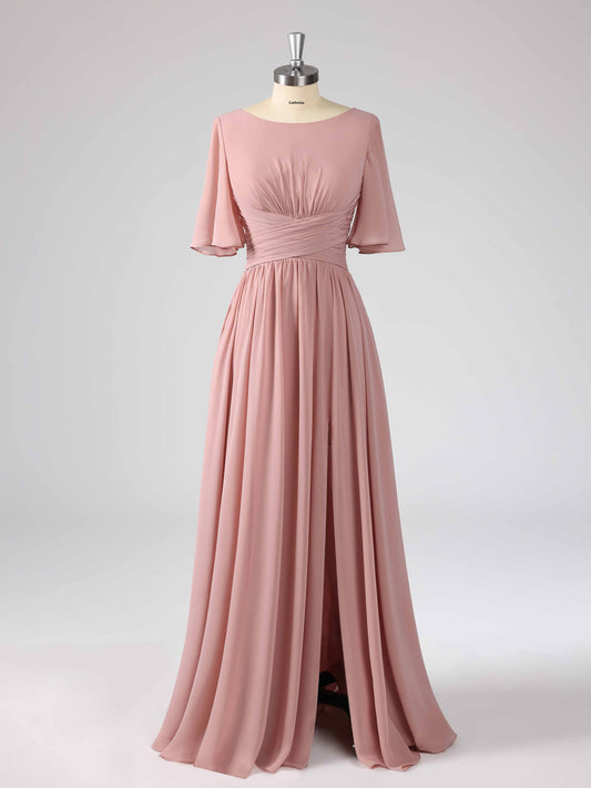 Layla Modest A-line Boat Neck Bridesmaid Dresses with Slit