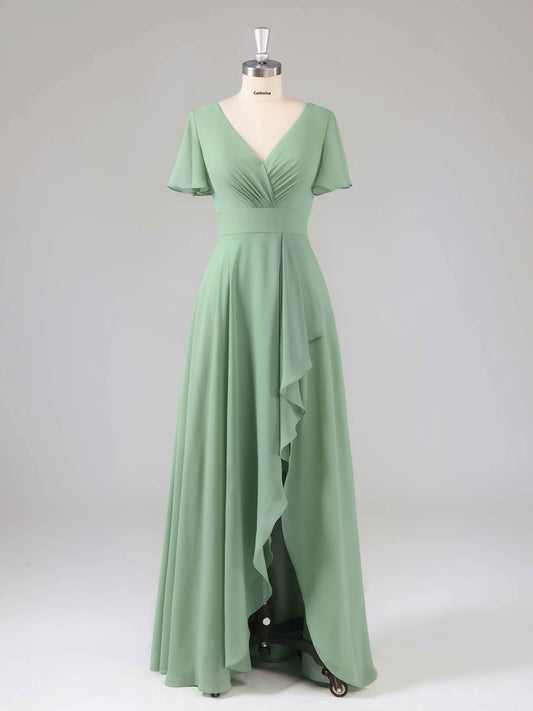 Leliana Simple V-Neck Ruffles Bridesmaid Dresses with Slit