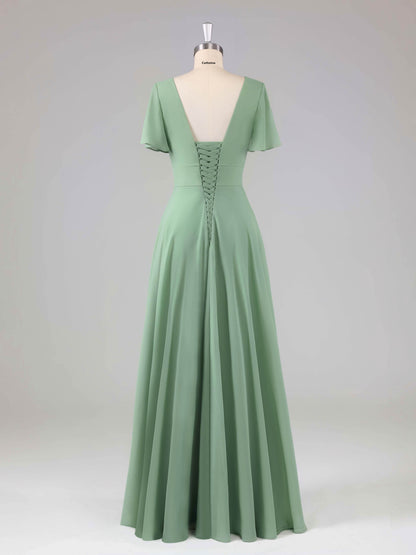 Leliana Simple V-Neck Ruffles Bridesmaid Dresses with Slit