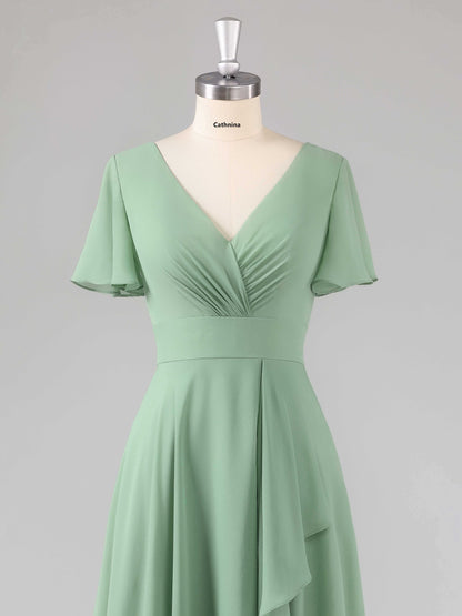 Leliana Simple V-Neck Ruffles Bridesmaid Dresses with Slit