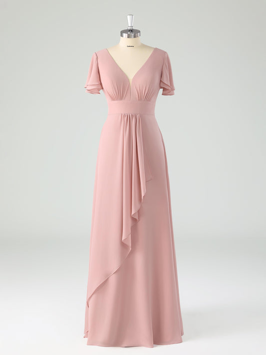 Lemel Modest V-neck Flutter Sleeves A-line Chiffon Bridesmaid Dresses