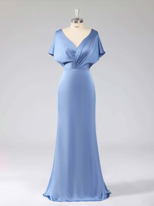 Leona Simple V-Neck Flutter Sleeves Long Bridesmaid Dresses