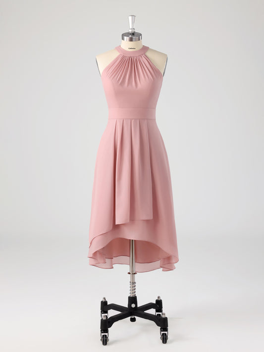 Leren Lovely Halter Sleeveless Asymmetrical Chiffon Bridesmaid Dresses
