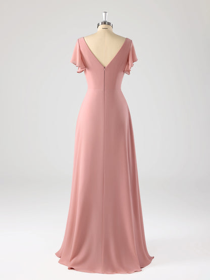 Levia Flowing Square Flutter Sleeves Bridesmaid Dresses with Slit