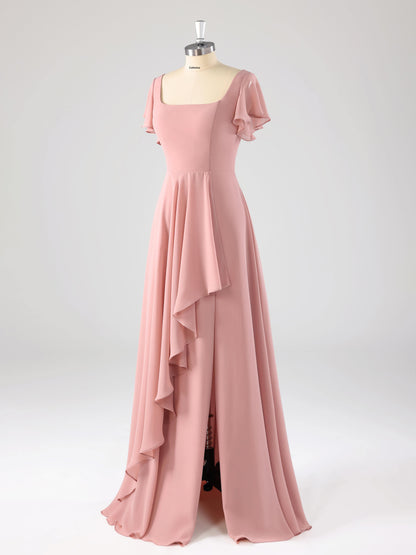 Levia Flowing Square Flutter Sleeves Bridesmaid Dresses with Slit