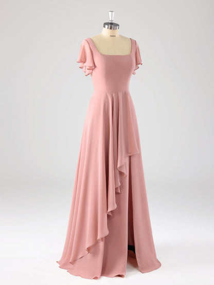 Levia Flowing Square Flutter Sleeves Bridesmaid Dresses with Slit