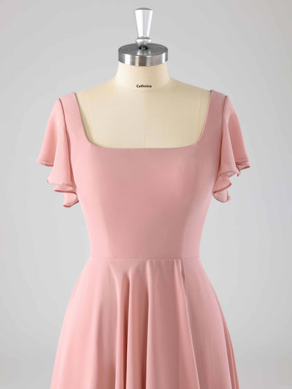 Levia Flowing Square Flutter Sleeves Bridesmaid Dresses with Slit