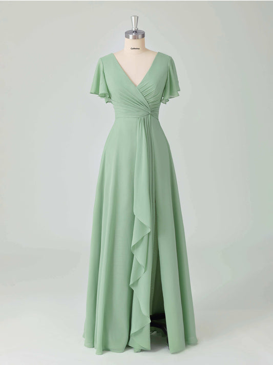 Liora V-Neck Ruffles Flutter Sleeves Bridesmaid Dresses with Slit