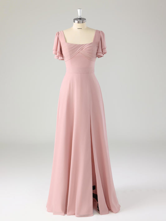 Liren Chic Square Flutter Sleeves Chiffon Bridesmaid Dresses with Slit