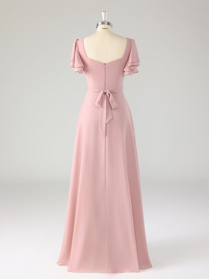 Liren Chic Square Flutter Sleeves Chiffon Bridesmaid Dresses with Slit