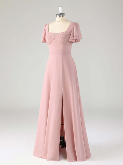Liren Chic Square Flutter Sleeves Chiffon Bridesmaid Dresses with Slit