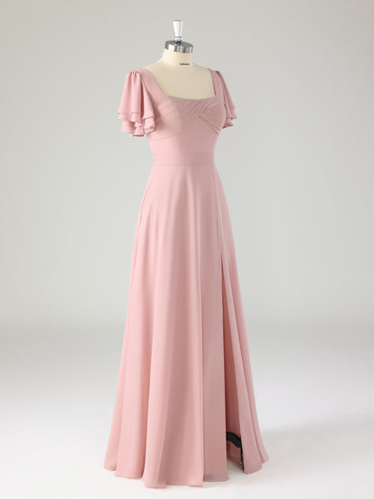 Liren Chic Square Flutter Sleeves Chiffon Bridesmaid Dresses with Slit
