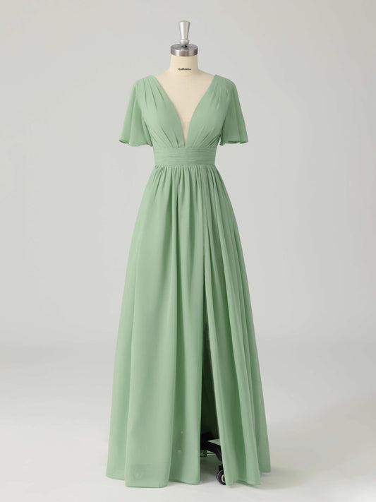 Lisanne Elegant A-line V-Neck Lace Up Bridesmaid Dresses with Slit