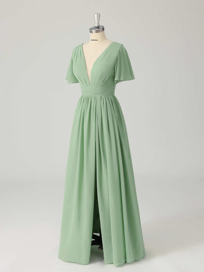 Lisanne Elegant A-line V-Neck Lace Up Bridesmaid Dresses with Slit