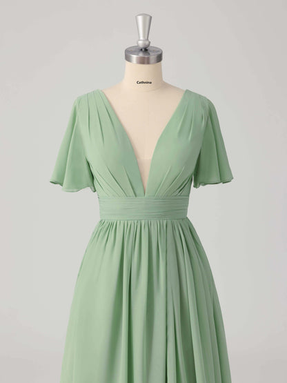 Lisanne Elegant A-line V-Neck Lace Up Bridesmaid Dresses with Slit