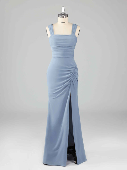 Livana Simple Square Neck Sheath Bridesmaid Dresses with Slit