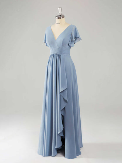 Livinia Elegant Flutter Sleeves Ruffles Bridesmaid Dresses with V Back
