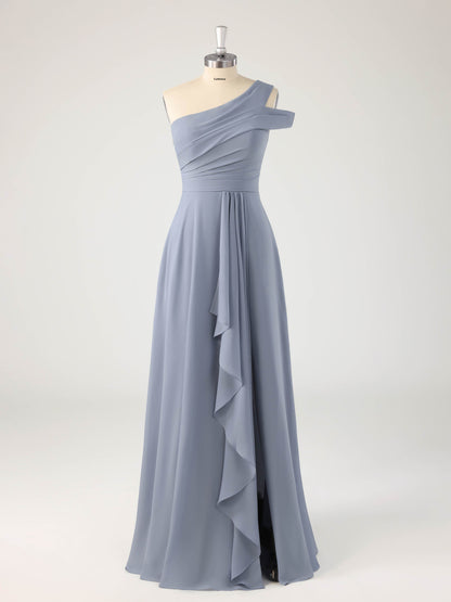 Lomar Unique One Shoulder Ruffles Bridesmaid Dresses with Slit