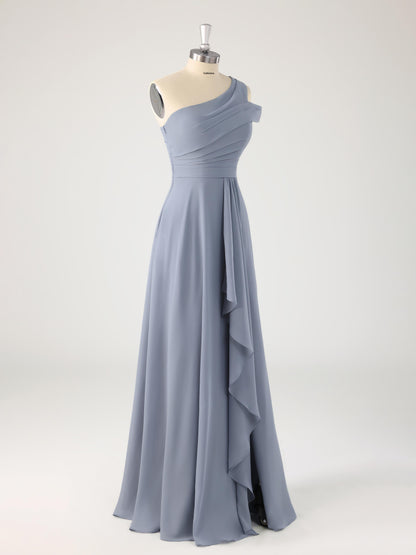 Lomar Unique One Shoulder Ruffles Bridesmaid Dresses with Slit
