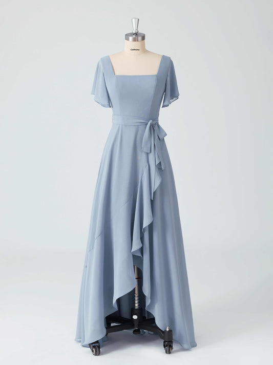 Lumina A-line Square Neck Asymmetrical Chiffon Dresses with Belt