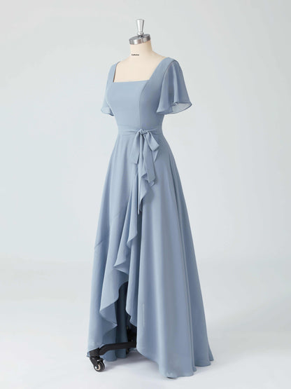 Lumina A-line Square Neck Asymmetrical Chiffon Dresses with Belt