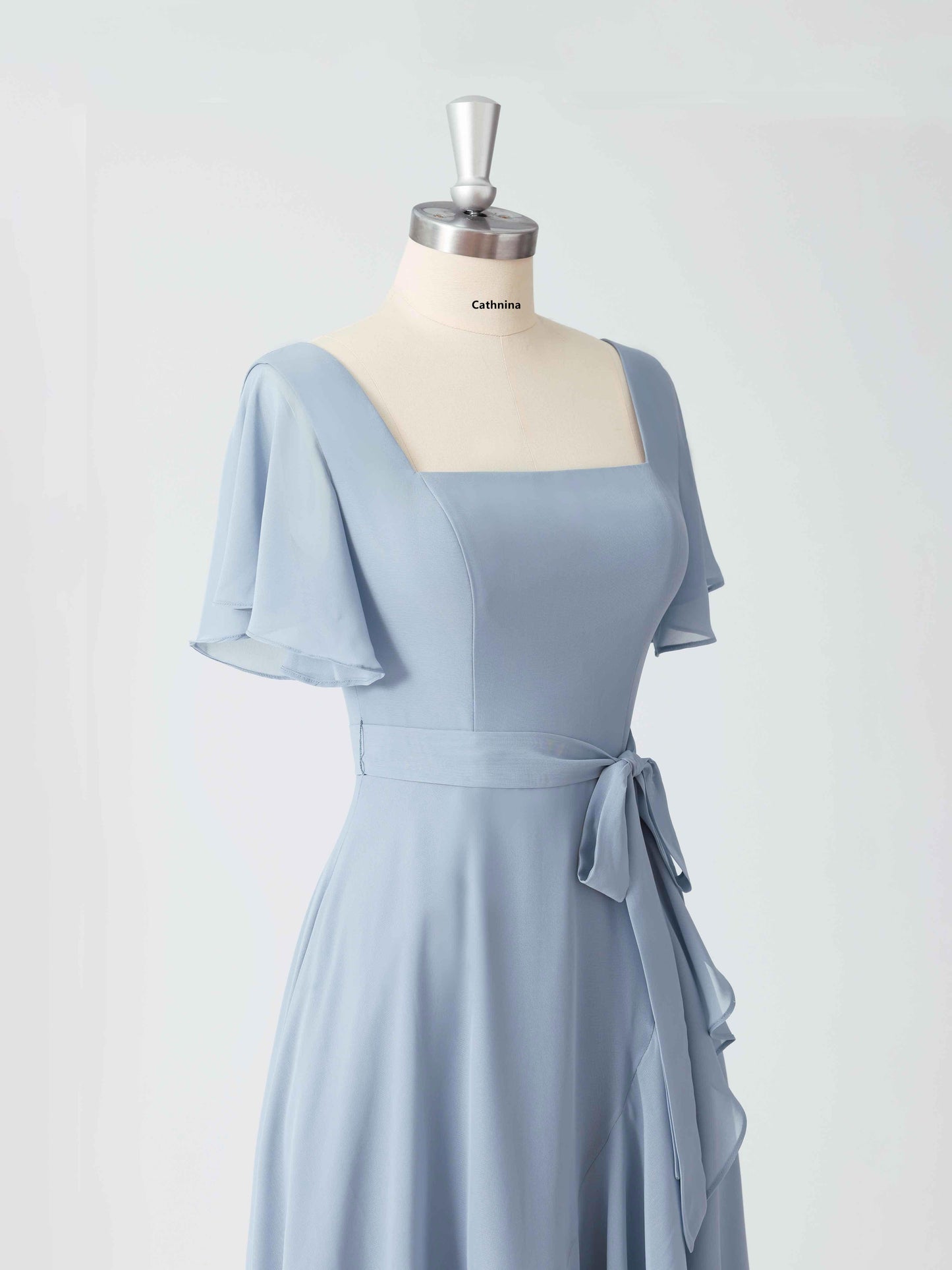 Lumina A-line Square Neck Asymmetrical Chiffon Dresses with Belt