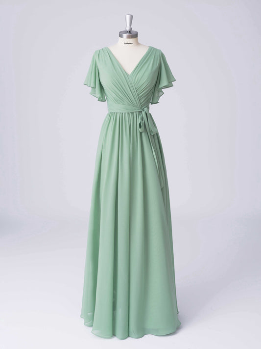 Lunette Elegant V-Neck Chiffon A-line Bridesmaid Dresses with Belt