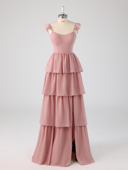 Lurel Romantic Off-the-Shoulder Tiered Bridesmaid Dresses with Slit
