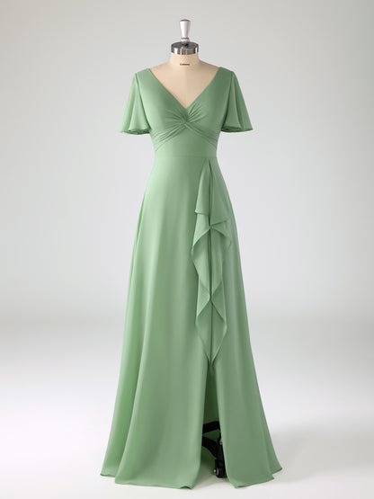 Lyrah Trendy V-neck Ruched Flutter Sleeves Bridesmaid Dresses with Slit
