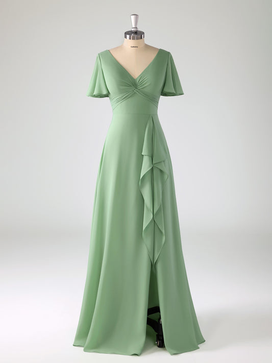 Lyrah Trendy V-neck Ruched Flutter Sleeves Bridesmaid Dresses with Slit