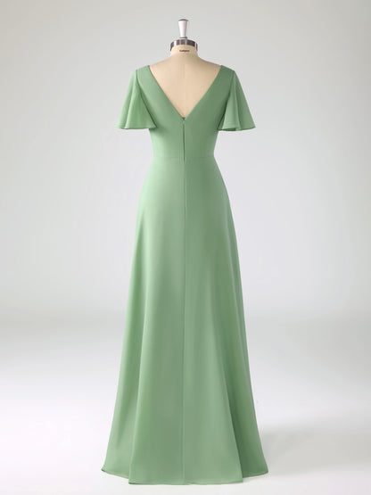 Lyrah Trendy V-neck Ruched Flutter Sleeves Bridesmaid Dresses with Slit