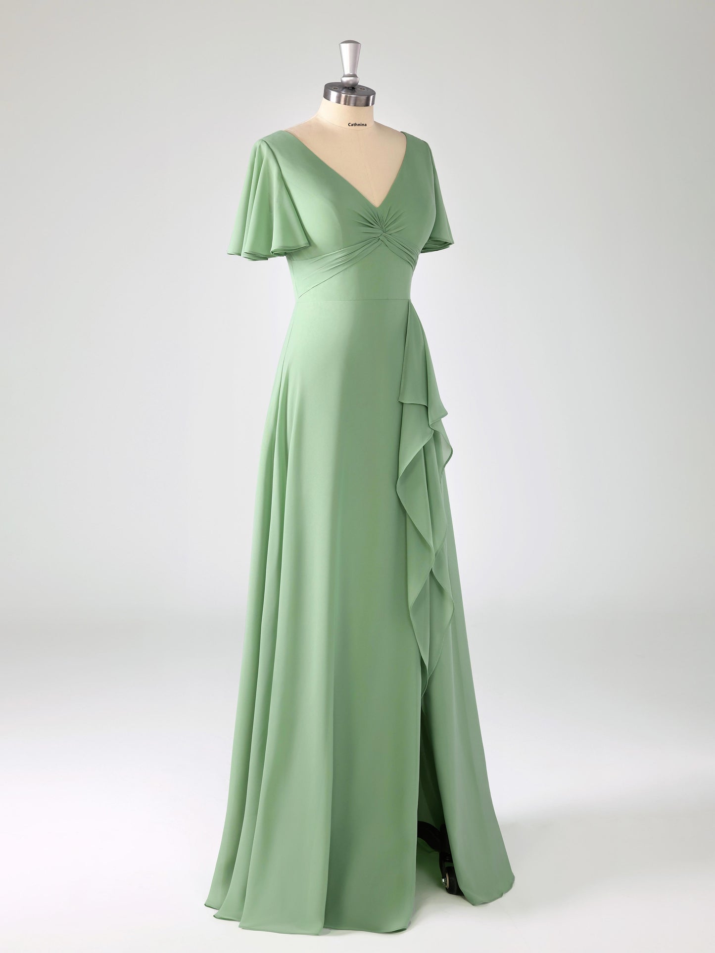 Lyrah Trendy V-neck Ruched Flutter Sleeves Bridesmaid Dresses with Slit