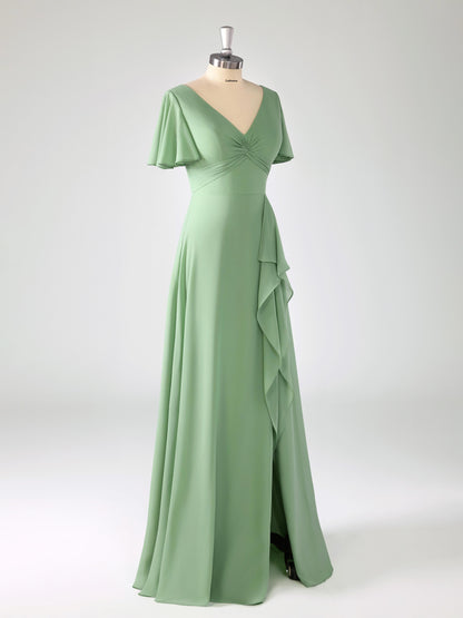 Lyrah Trendy V-neck Ruched Flutter Sleeves Bridesmaid Dresses with Slit