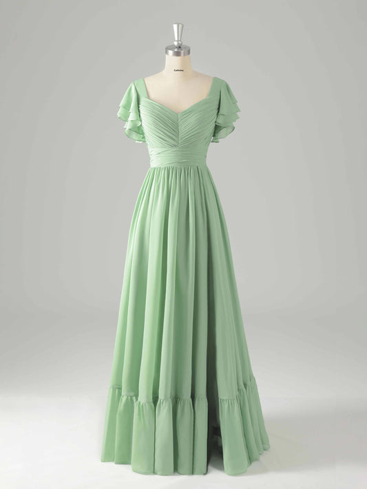Lyssia Stylish V-Neck Flutter Sleeves Tiered Bridesmaid Dresses