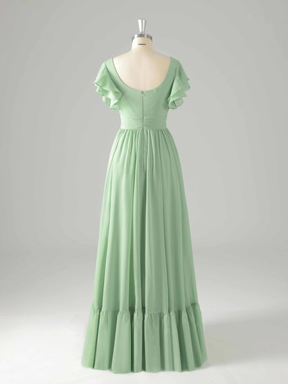Lyssia Stylish V-Neck Flutter Sleeves Tiered Bridesmaid Dresses