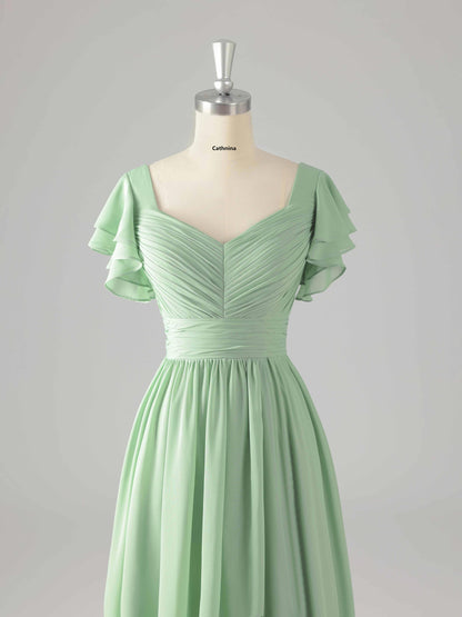 Lyssia Stylish V-Neck Flutter Sleeves Tiered Bridesmaid Dresses