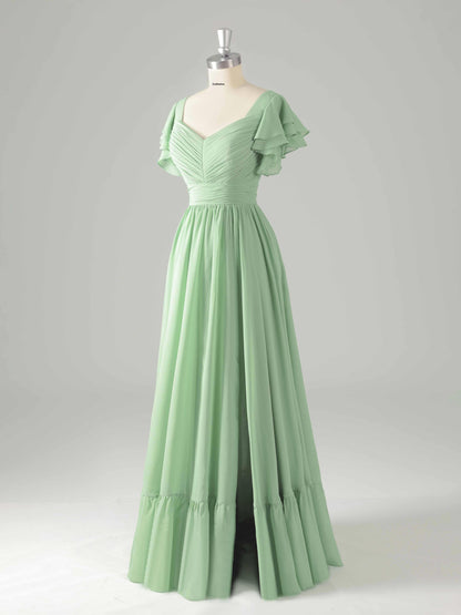 Lyssia Stylish V-Neck Flutter Sleeves Tiered Bridesmaid Dresses