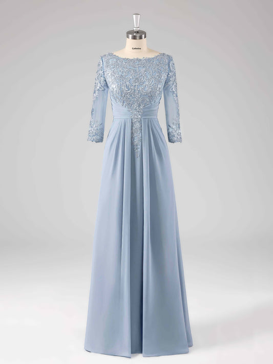 Macy Boat Neck Lace Appliqued A-line Long Chiffon Dresses