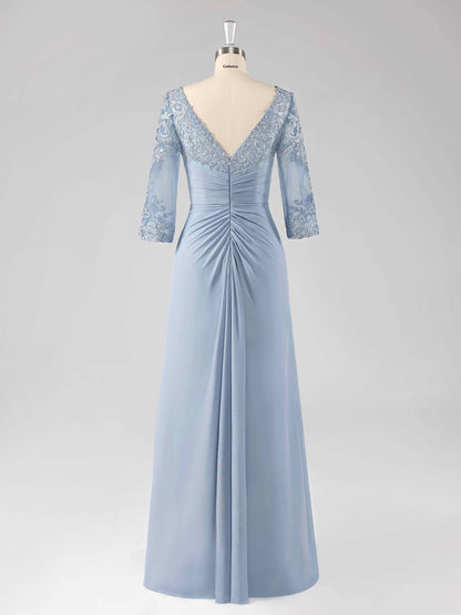 Macy Boat Neck Lace Appliqued A-line Long Chiffon Dresses