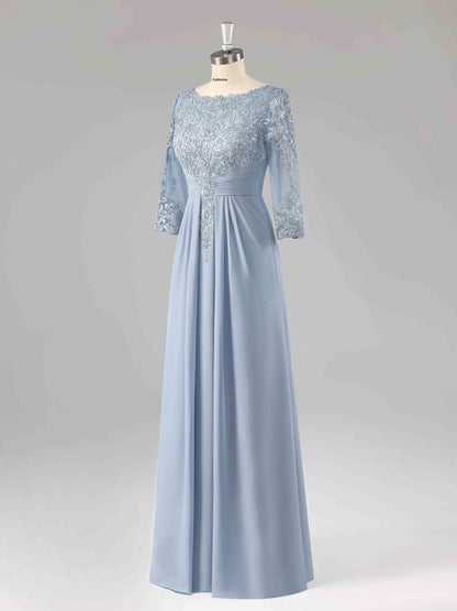 Macy Boat Neck Lace Appliqued A-line Long Chiffon Dresses