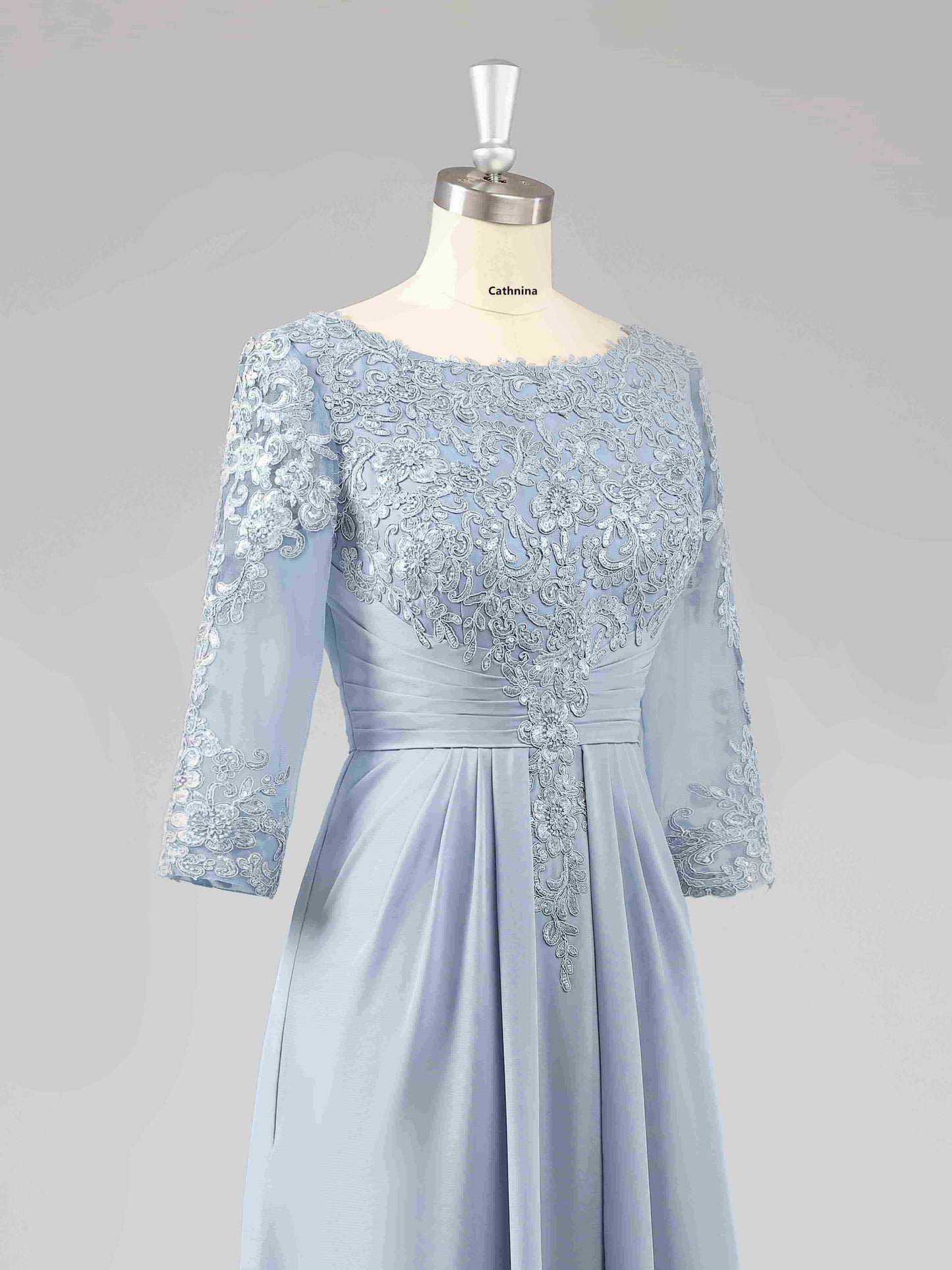 Macy Boat Neck Lace Appliqued A-line Long Chiffon Dresses