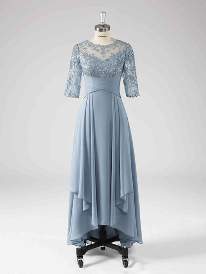 Maisie Illusion Neckline A-line Asymmetrical Dresses with Sequins