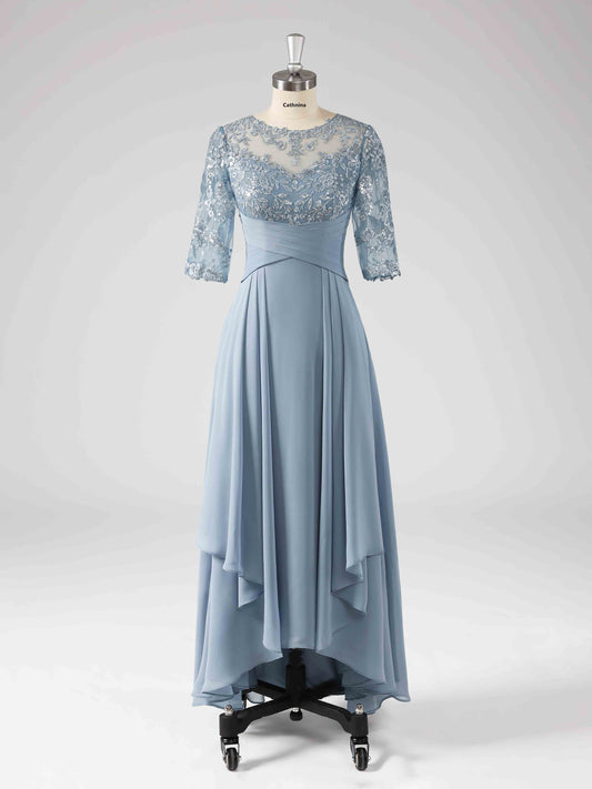 Maisie Illusion Neckline A-line Asymmetrical Dresses with Sequins