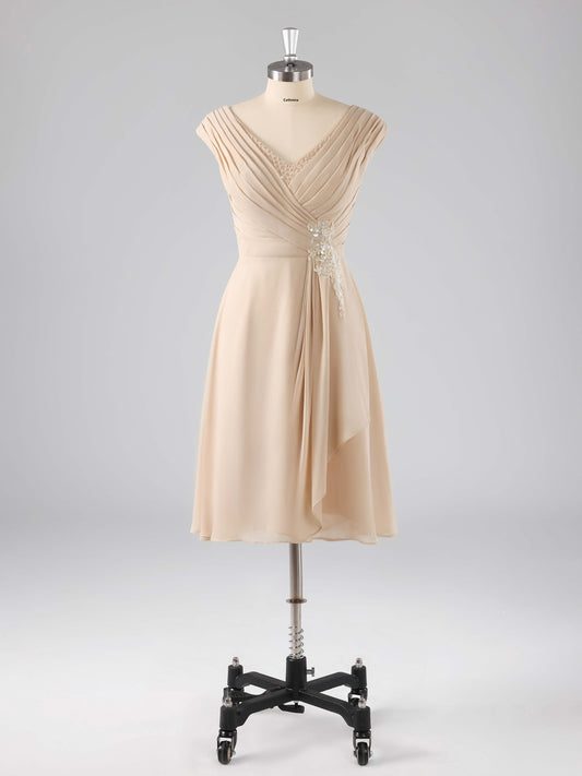 Melinda Simple V-Neck Appliqued Chiffon A-line Knee Length Dresses