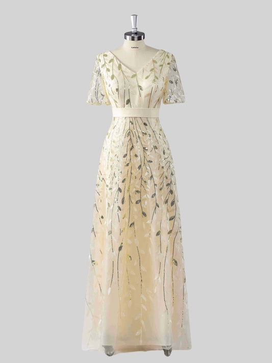 Melor Chic V-Neck Sequins Floor Length Mother of the Bride Dresses