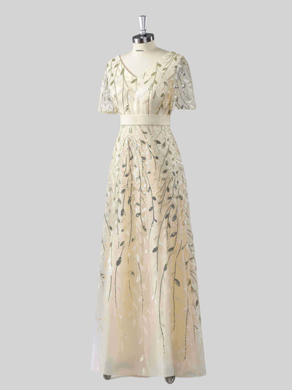 Melor Chic V-Neck Sequins Floor Length Mother of the Bride Dresses