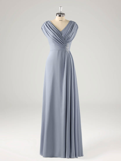 Melva Modest V Neck Beaded Ruched Mother of the Bride Dresses