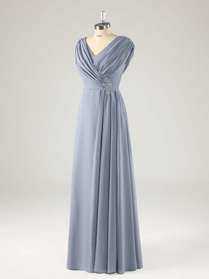 Melva Modest V Neck Beaded Ruched Mother of the Bride Dresses