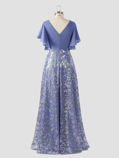 Meryl Modern Flutter Sleeves A-line Chiffon Long Dresses