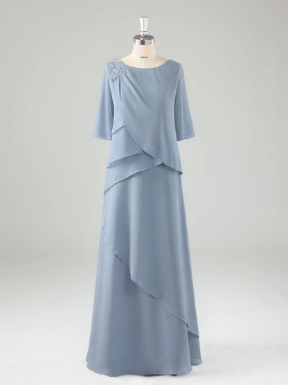 Mevia Chic Half Sleeves Tiered Long Mother of the Bride Dresses